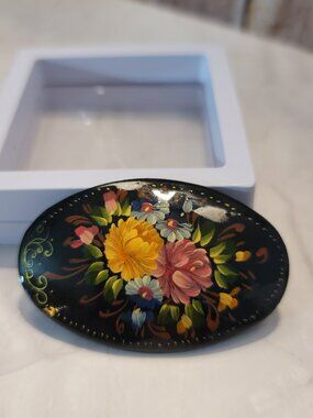 Vintage Hand Painted Russian Lacquer Brooch Pin, Black